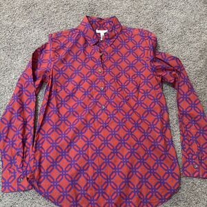 J.Crew Bungalow‎ Cotton Beachy Top Shirt Size 8 Preppy V-Neck Long Sleeve Career